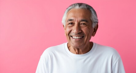 Obraz premium hispanic latino elderly man pink background wearing plain white tshirt smiling happy portrait