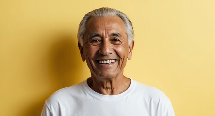 Obraz premium hispanic latino elderly man yellow background wearing plain white tshirt smiling happy portrait