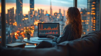 Fototapeta na wymiar Woman working on laptop with a city view at sunset.