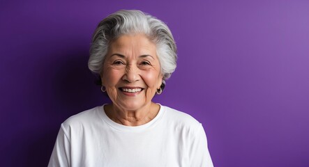 hispanic latino elderly woman purple background wearing plain white tshirt smiling happy portrait