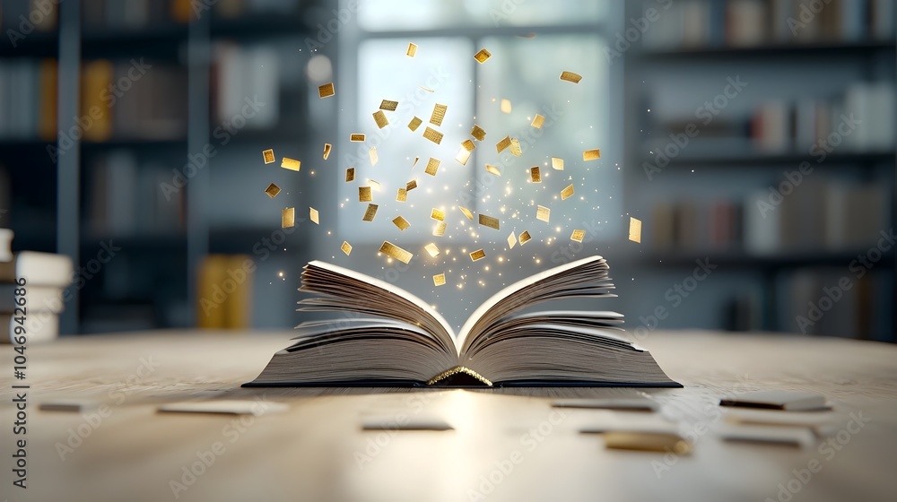 Poster Aged and weathered book opens to reveal a mystical glow surrounded by a hazy dreamy bokeh backdrop of stacked old volumes radiating an enchanting and serene atmosphere of knowledge and wisdom