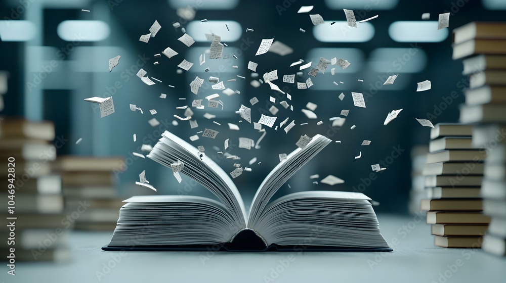 Aufkleber Magical book opens in a dreamy bokeh filled atmosphere surrounded by stacks of old mysterious books emanating a captivating light and wonder  This enchanting