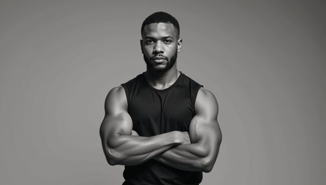 A young serious black man poses with arms crossed in activewear at a gym setting