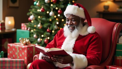 An African American Santa sits amidst a pile of gifts
