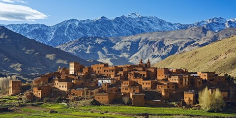 Obraz premium Atlas Mountains: Tamellalt City in Morocco. Berber Village with Clay Houses and Rock Countryside
