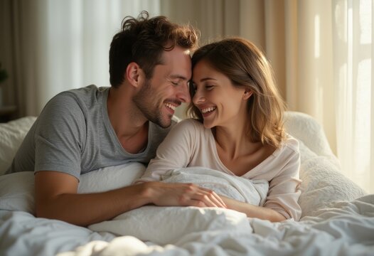 A couple smiles and relaxes together in bed, enjoying a cozy and intimate moment. The image conveys love, happiness, and relaxation.