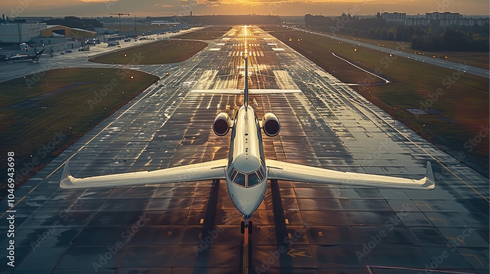 Poster a Private plane taking off from a runway. taken from an elevated position.