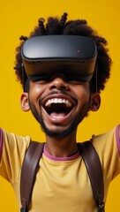 Fototapeta premium Cartoon illustration showcases an ecstatic African-American character wearing VR goggles