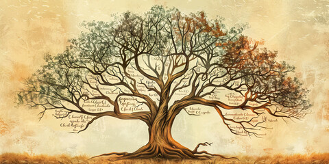 A hand-drawn family tree, its branches filled with names and dates written in a flowing script, reflecting the artist's love for their heritage.