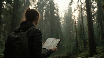 Fototapeta premium Lost in Nature With Map in Dense Forest Setting