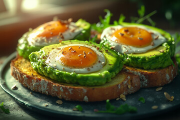 A plate of avocado toast with a fried egg on top