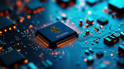 A Oklahoma themed chip is placed on a detailed circuit board, with glowing connections that emphasize influence in electronics, computing, and tech innovation.