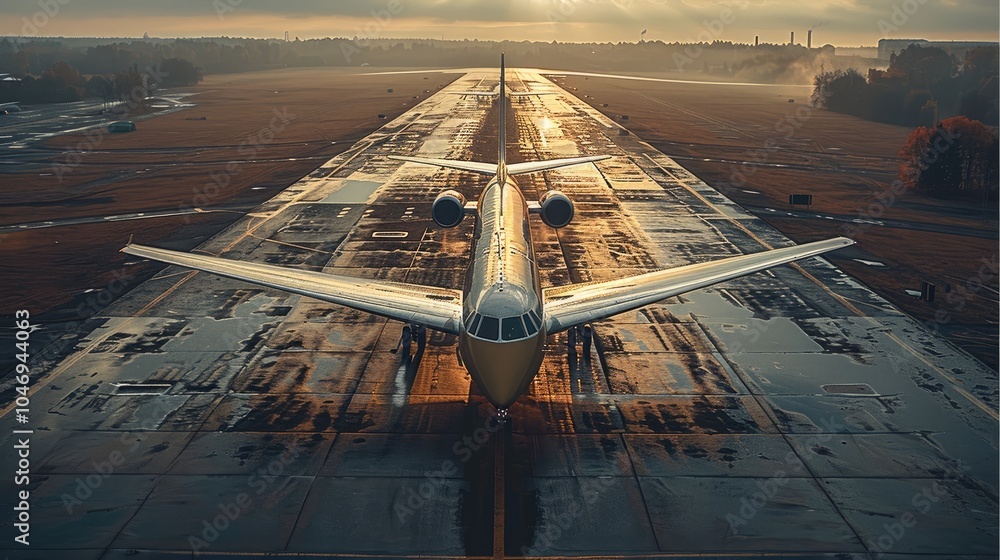 Poster a Private plane taking off from a runway. taken from an elevated position.