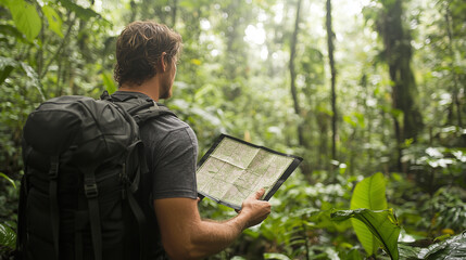 Fototapeta premium Lost in Nature with Map in Dense Forest