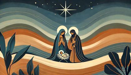 Watercolor painting Nativity scene in Bethlehem. Christmas scene illustration showing holy family baby Jesus in the manger Joseph and Mary.Banner Copy space © melita