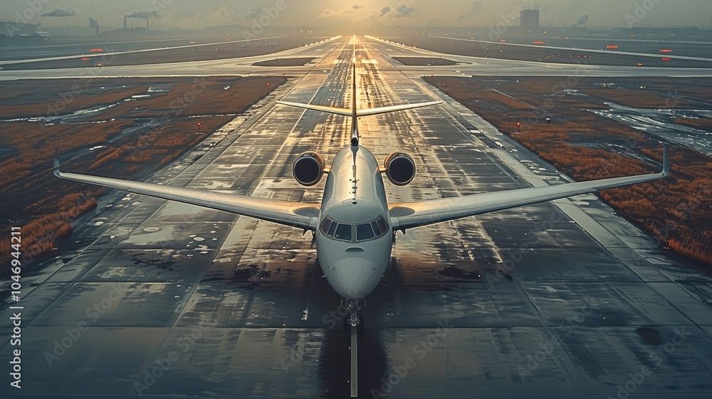 Poster a private plane taking off from a runway. taken from an elevated position.