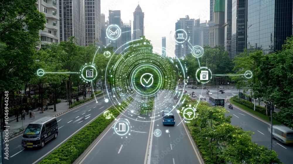 Poster sustainable futuristic city with integrated digital infrastructure and lush greenery a vision of har