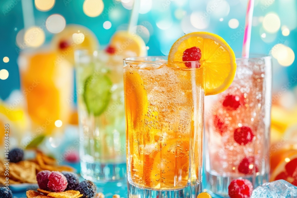 Poster A vibrant display of cocktails with refreshing fruit slices and delicious snacks set on a table, creating a joyful ambiance for guests. Generative AI