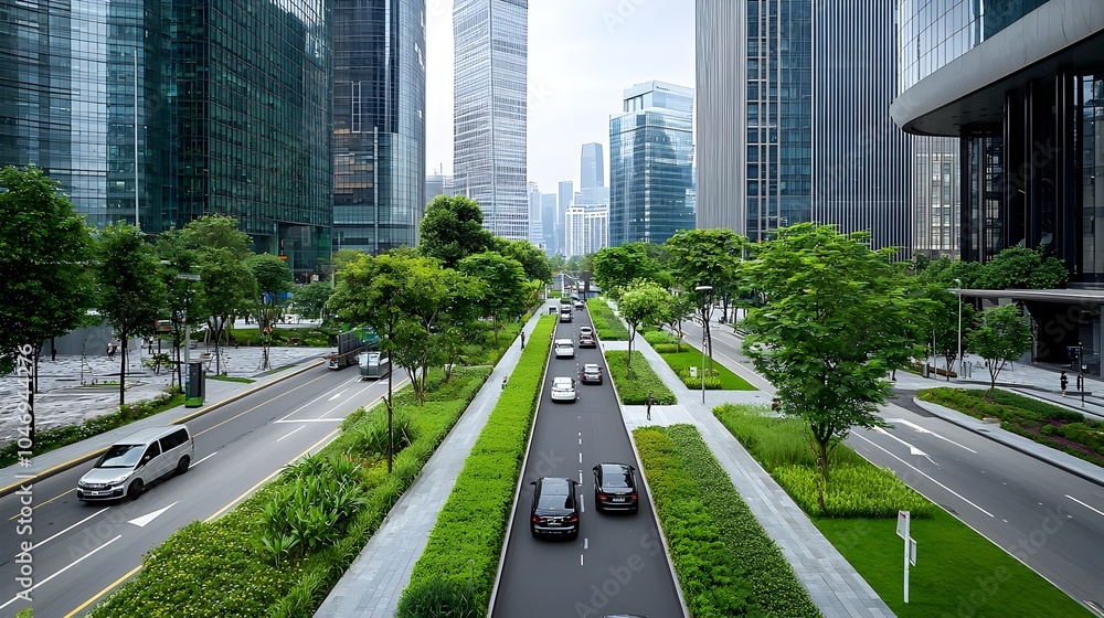 Poster futuristic metropolitan skyline featuring a city designed with lush greenery renewable energy source