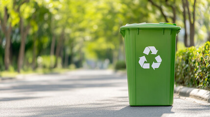 
Green eco-friendly trash bin with recycling symbol standing on the city street on the sunny summer day. Organic environment waste and garbage disposal, earth ecology, reuse plastic concept photograph
