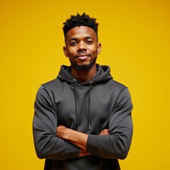 Obraz premium An African American man in an African-style hairdo and a hoodie stands against an isolated sunny yellow backdrop