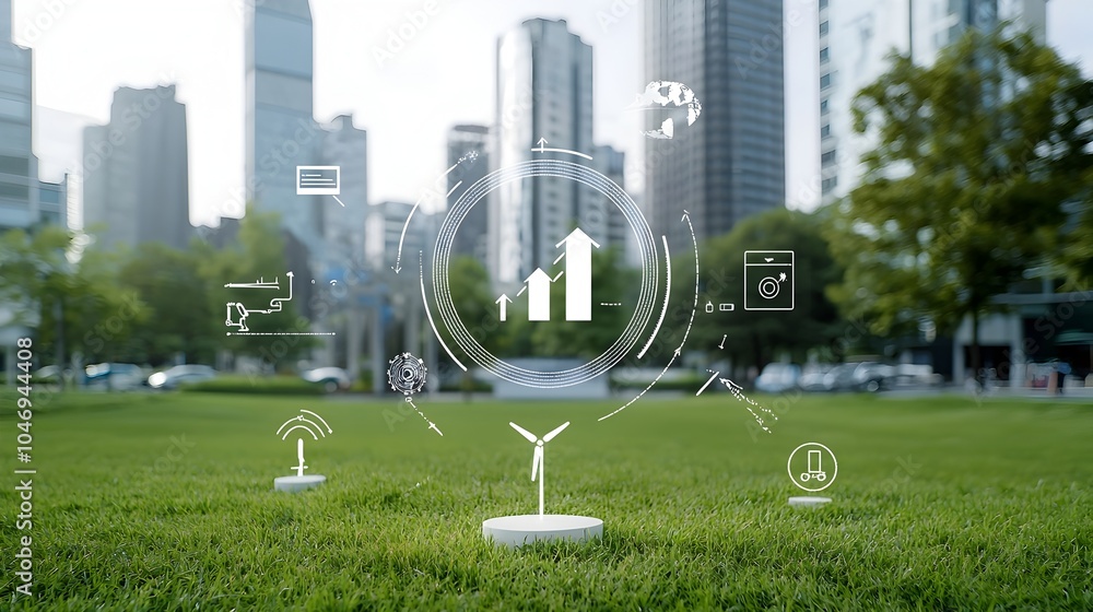 Poster futuristic green city with towering buildings powered by clean energy digital security systems overl