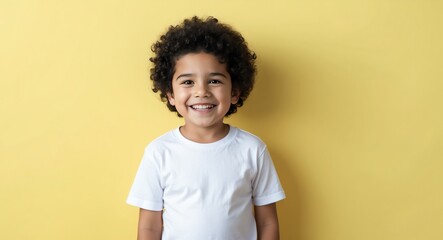 hispanic latino kid boy yellow background wearing plain white tshirt smiling happy portrait