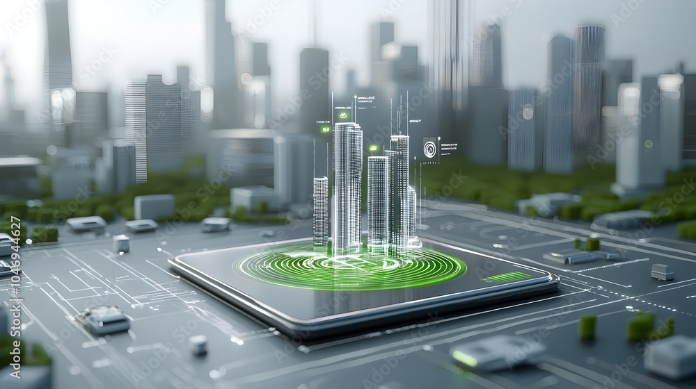 Aufkleber futuristic green city utilizing renewable energy sources and advanced digital security grids