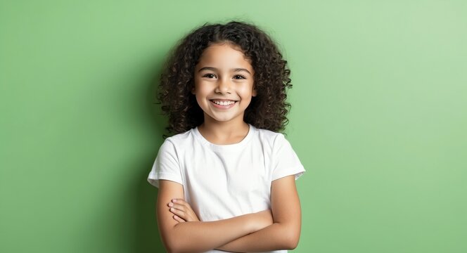 hispanic latino kid girl green background wearing plain white tshirt smiling happy portrait