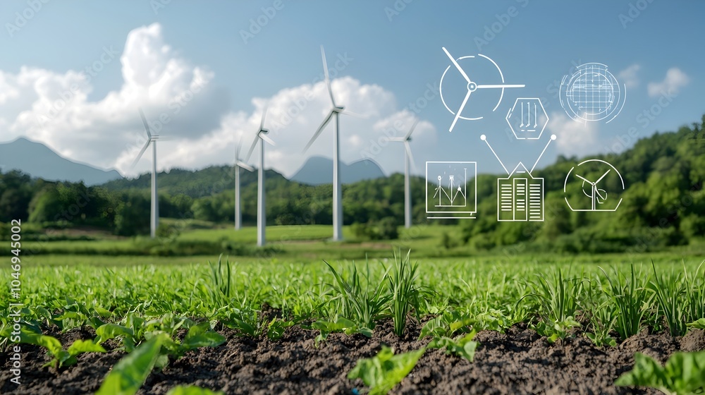 Poster sustainable futuristic cityscape with wind turbines solar panels and complex digital security system