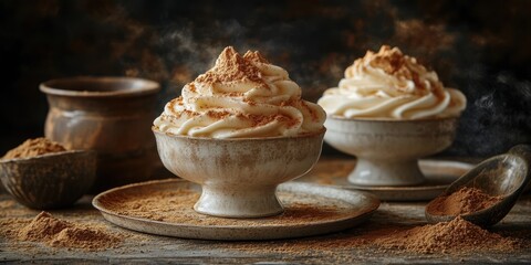 a bowl of whipped cream and a spoon of cinnamon