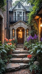 Fototapeta premium Charming entrance, inviting mood, showcasing flowers and stone pathway leading to a cozy house 