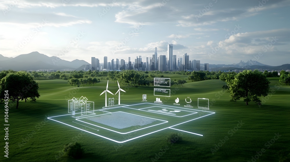 Poster vibrant green cityscape with advanced digital security systems overlaying the scene representing a b
