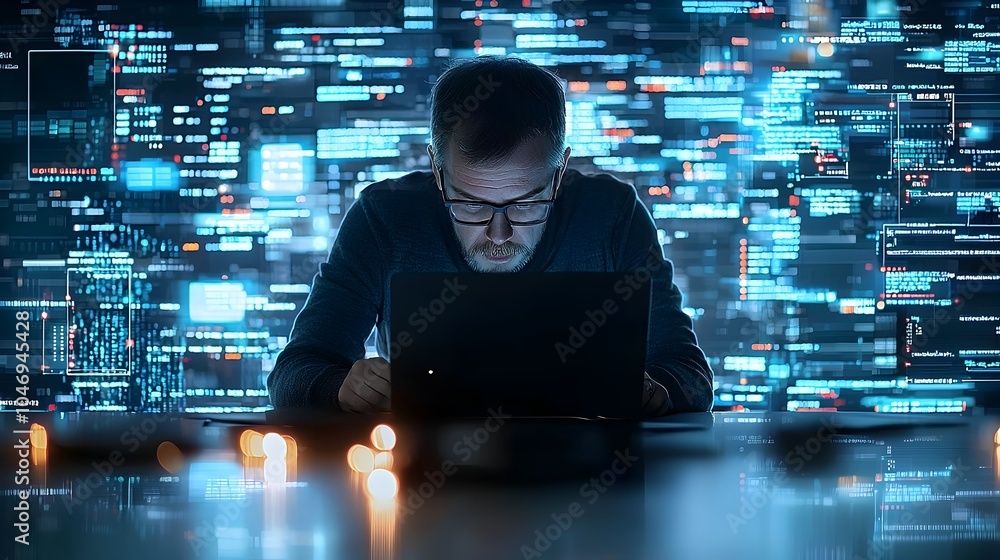 Leinwandbilder Close up of a hacker working on a computer screen surrounded by glowing digital security systems and warm bokeh lights creating a surreal atmosphere of a cyber attack