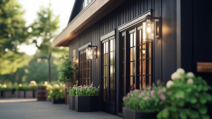 Fototapeta premium Charming black wooden house exterior with glass doors and vibrant flower pots in a sunny garden setting.