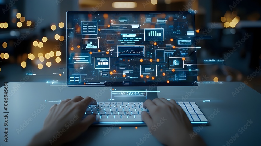 Aufkleber Hacker typing on a keyboard in a dimly lit room surrounded by a futuristic digital interface and warm bokeh lights illustrating a cyber attack in progress