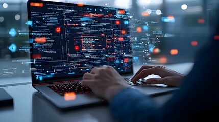Fototapeta premium Hacker Orchestrating Cyber Attack in Dimly Lit Futuristic Digital Environment with Warm Bokeh Lights and Glowing Interface Elements Illustrating Cyber Threat and Data Breach
