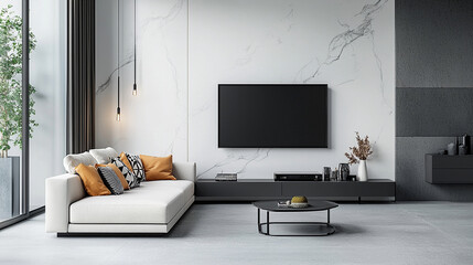 A modern living room with a clean minimalist design