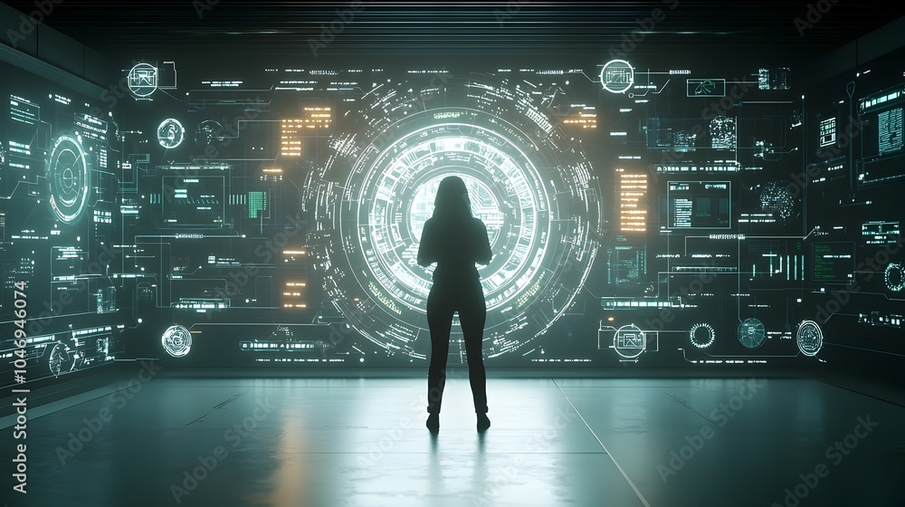 Leinwandbilder Hacker silhouette seen from behind as they infiltrate a digital system with a soft bokeh glow surrounding their figure and futuristic security interface elements hovering in the air