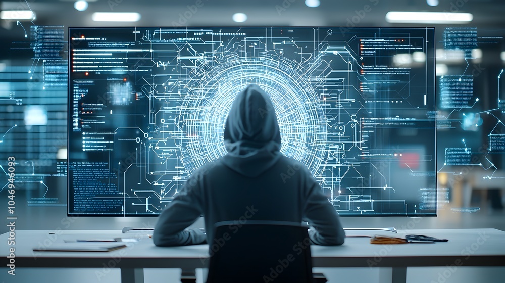 Fototapete Hacker Navigating Chaotic Digital Interface Amidst Cyber Attack Representation  A conceptual image depicting a hacker surrounded by a complex futuristic digital landscape