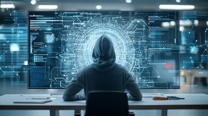 Hacker Navigating Chaotic Digital Interface Amidst Cyber Attack Representation  A conceptual image depicting a hacker surrounded by a complex futuristic digital landscape