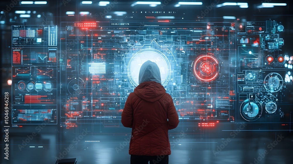 Leinwandbilder Hacker surrounded by a complex digital interface showing security breaches glitches and chaos of a cyber attack representing the threat of cybercrime and the need for robust cybersecurity measures