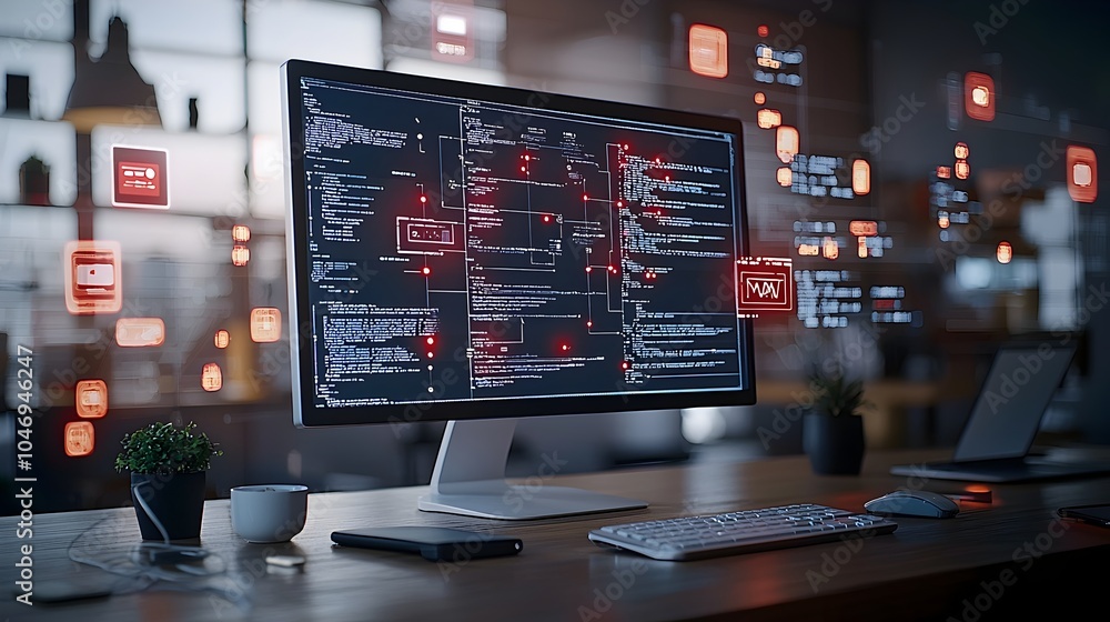 Leinwandbilder Cyber Attack Underway with Hacker in Darkened Room and Digital Security Systems Flashing Urgent Warnings  The image depicts a cybersecurity crisis
