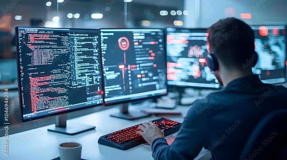 Fototapete Hacker Conducting Cyber Attack in Darkened Room with Warm Bokeh Highlights Framing the Scene and Digital Safety Systems Flashing Red Warnings