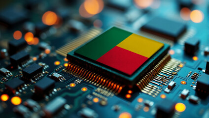 A Benin themed chip is embedded on a circuit board with illuminated pathways, highlighting innovation in electronics and cutting-edge hardware.