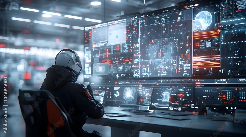 Aufkleber Cyber Attack Underway with Hacker in Darkened Room Warm Bokeh Highlights Framing the Scene and Digital Safety Systems Flashing Red Warnings Indicating a Serious Cybersecurity Threat