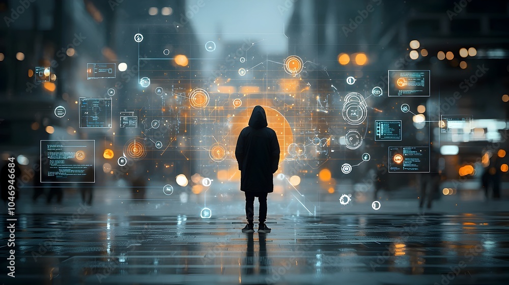 Aufkleber Cyber Attack in Motion   Hacker s Silhouette Surrounded by Warm Bokeh Lights and Holographic Security Interfaces Displaying Vulnerabilities in the Digital System