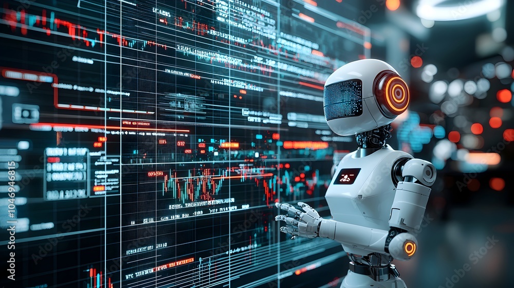 Fototapete futuristic intelligence robot immersed in a blue toned digital environment with a double exposure ef