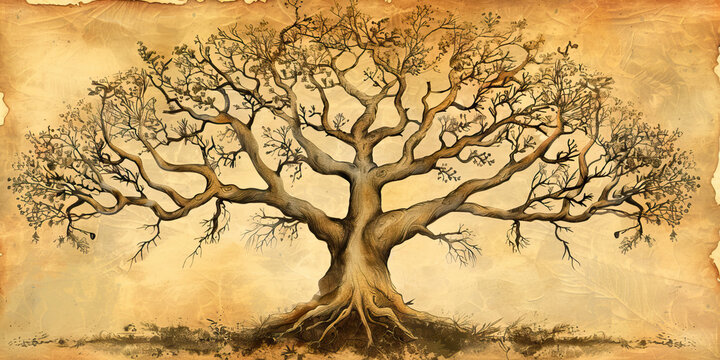 Ancient Roots: A genealogy tree adorned with faded parchment and delicate ink, showcasing the intricate branches and ancestors of a noble family.