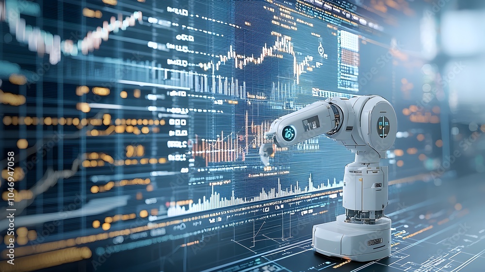 Fototapete Futuristic silhouette of an AI powered robot overlaid with financial data visualizations such as charts and forex trading graphs